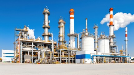 Industrial Oil Refinery Against Clear Blue Sky