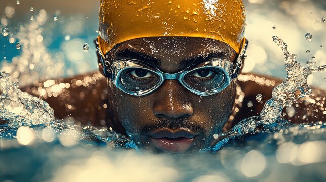 Close-up of a focused male swimmer wearing goggles and a yellow swim cap during a race