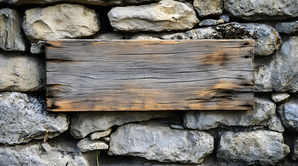 A blank wooden sign with a weathered finish placed against a stone wall