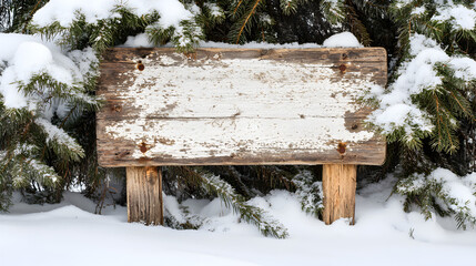 Naklejka premium A weathered wooden sign framed by snow and pine trees for a winter feel