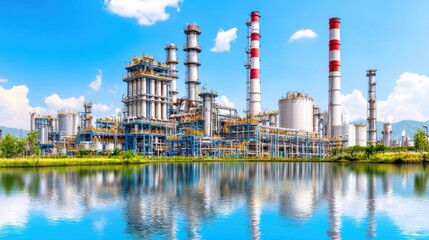 Obraz premium Modern Industrial Plant Reflected in Calm Water