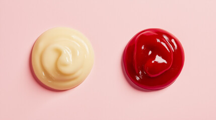 a close-up, top-down view of ketchup and mayonnaise in rounded puddle shapes, placed side by side on a light pastel background that complements both sauces