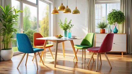 Fototapeta premium Modern dining table with four stylish chairs in a bright, minimalistic interior setting