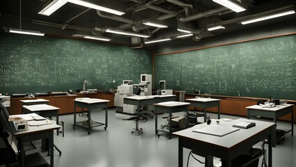 Empty classroom with desks and a large chalkboard covered in equations.
