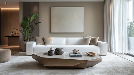 Minimalist living room with a clean white sofa, geometric coffee table, and neutraltoned accents, modern elegance, minimalist space