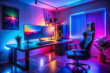Fototapeta premium Modern LED illuminated PC setup showcasing vibrant RGB lighting in a sleek gaming environment