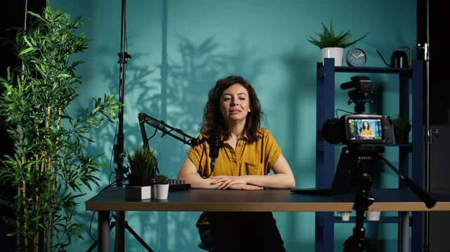 Professional camera used for recording woman chatting with online audience, filming in home studio. Media star discussing with fans during live broadcast stream recorded with advanced gear, camera B