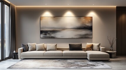 Modern living room with minimalist decor, featuring a beige sofa, abstract wall art, and minimal lighting, modern sophistication, minimalist chic