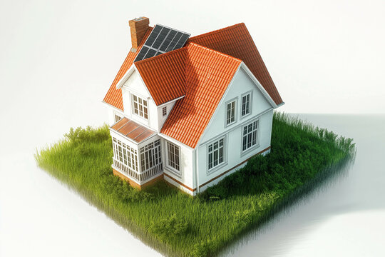 generic family house with green garden isolated in landscape with solar panel and red roof tiles