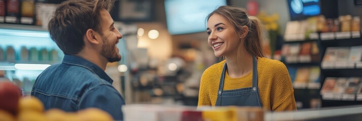 A cheerful cashier and customer engage in a friendly conversation at a local grocery store, creating a welcoming shopping atmosphere.