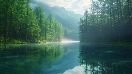 Obraz premium A beautiful river in dense forest with mist rising from the water in the morning sunlight