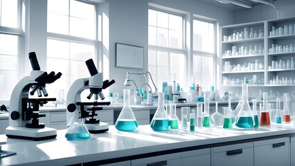 Naklejka premium A modern, well-equipped laboratory with microscopes, beakers, and flasks filled with colorful liquids, all set against a backdrop of large windows and white walls.