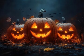 Fototapeta premium playful halloween illustration for children featuring carved pumpkins with friendly faces set against a dark backdrop leaving ample space for text creating an inviting and festive atmosphere