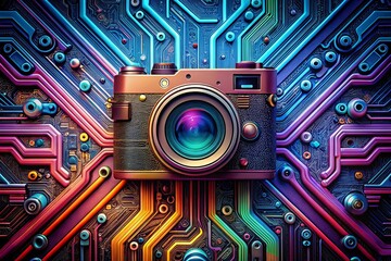 Fototapeta premium Modern Tech Icon Featuring Circuit Patterns and Digital Elements on a Futuristic Background Design