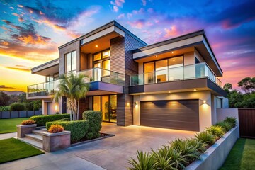 Fototapeta premium Modern three storey house design featuring contemporary architecture and landscaped outdoor spaces