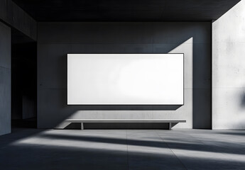 Fototapeta premium Perspective view on a blank white large screen with a place for your advertising text or logo brand in the abstract industrial hall with a grey wall background and bench on the concrete floor design.