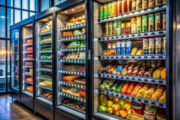 Fototapeta premium Modern Vending Machine Displaying Variety of Snacks and Beverages in a Bright Environment