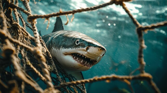 Great white shark trapped in a fishing net underwater with ropes