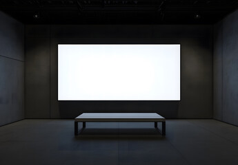 Perspective view on a blank white large screen with a place for your advertising text or logo brand in the abstract industrial hall with a grey wall background and bench on the concrete floor design.