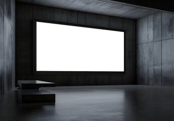 Fototapeta premium Perspective view on a blank white large screen with a place for your advertising text or logo brand in the abstract industrial hall with a grey wall background and bench on the concrete floor design.