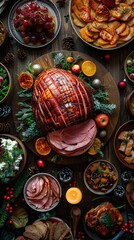 Fototapeta premium A festive holiday dining table set with ham and traditional side dishes for a celebration