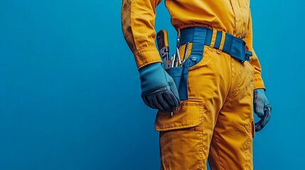 Worker wearing protective gloves and uniform with a tool belt in focus