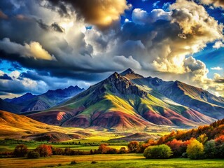 Obraz premium Mysterious Mountain Landscape with Dramatic Clouds and Shadows Evoking a Sense of Suspicion and Wonder
