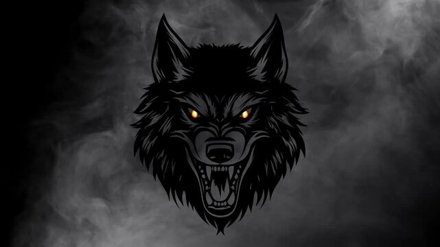 Silhouette of a Wolf Head With Glowing Eyes on a Foggy Background