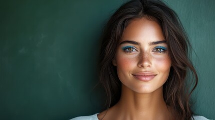 Fototapeta premium Smiling woman with blue eye makeup and natural beauty