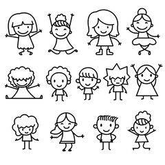 collection of happy kids line doodles. hand drawing art