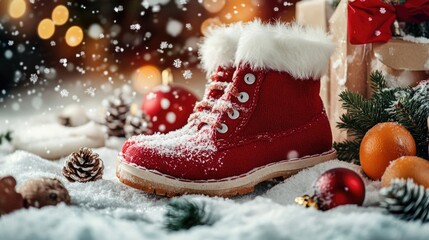 Festive red boot with snow, ornaments, and pinecones celebrating happy st. nicholas day, holiday cheer ai