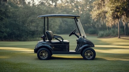 A sleek black golf cart stands on a lush green golf course surrounded by trees under soft morning light.
