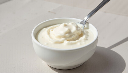 Creamy yogurt in a bowl with a spoon, rich in probiotics for digestive health and wellness support