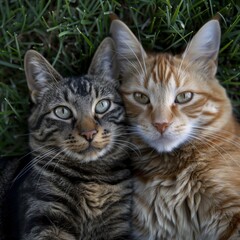 Obraz premium Two cats resting together in the grass. AI.