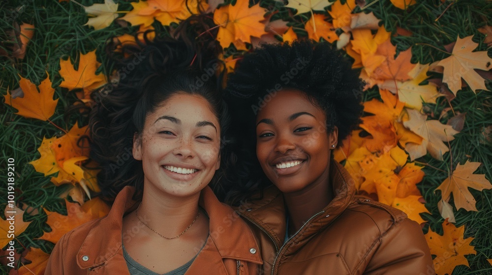 Canvas Prints Two friends smiling and lying on a bed of leaves. AI.