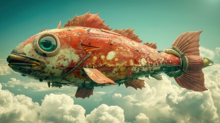A whimsical, steampunk-style fish flies through the clouds. AI.