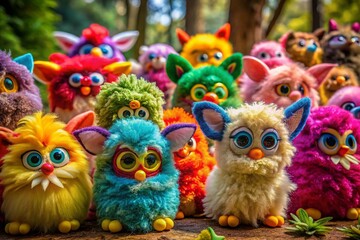 Fototapeta premium Nostalgic Vintage Furbys in Colorful Display, Perfect for Retro Collectibles and Toy Enthusiasts