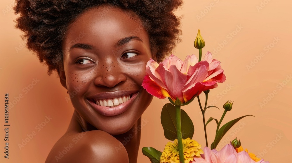 Wall mural Smiling Woman with Colorful Flowers on Orange Background