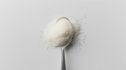allulose sugar, d-allulose, d-psicose, rare sugar concept image: top down view, a small pile of sugar in a silver spoon placed in the center of a white, sterile background