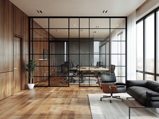 Modern office space with glass walls, wood floors, and a