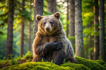 Fototapeta premium Peaceful bear hugging position in a serene forest setting, showcasing nature's beauty and tranquility