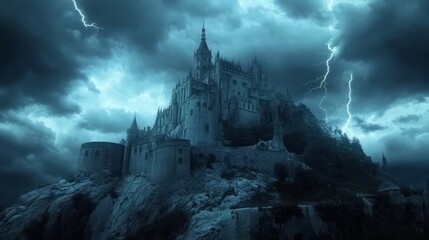 Fototapeta premium scary castle in spooky and dark mountains