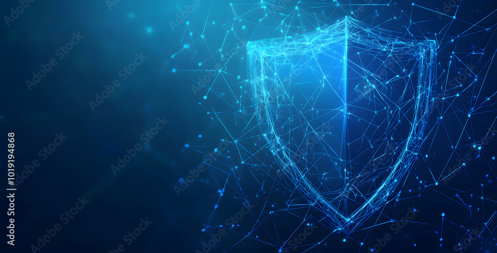 Poster safety protection and information privacy concept with a digital padlock in shield on abstract dark 