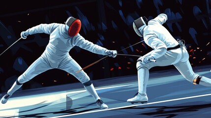 Two fencers duel with swords in a match.