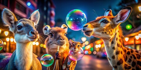 Fototapeta premium Playful Animals Blowing Bubble Gum in a Colorful and Whimsical Setting of Laughter and Fun