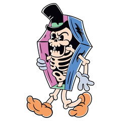 Vector Retro Cartoon Skeleton Walking Coffin Character Illustration Isolated