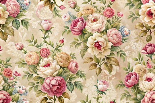 Artistic vintage floral wallpaper with elegant roses and peonies seamless pattern