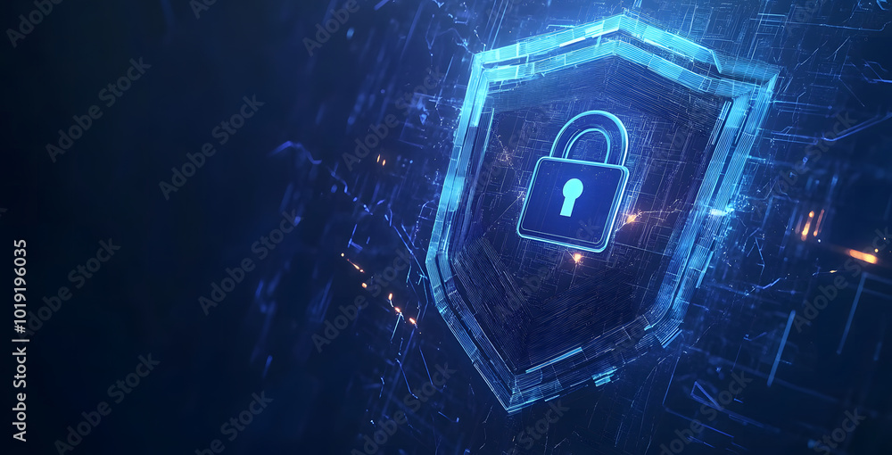 Poster safety protection and information privacy concept with a digital padlock in shield on abstract dark 