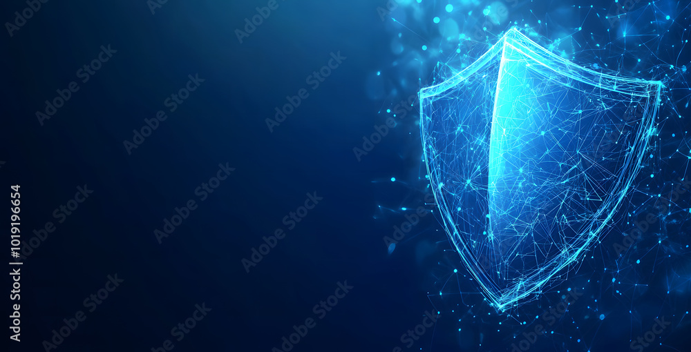 Poster safety protection and information privacy concept with a digital padlock in shield on abstract dark 