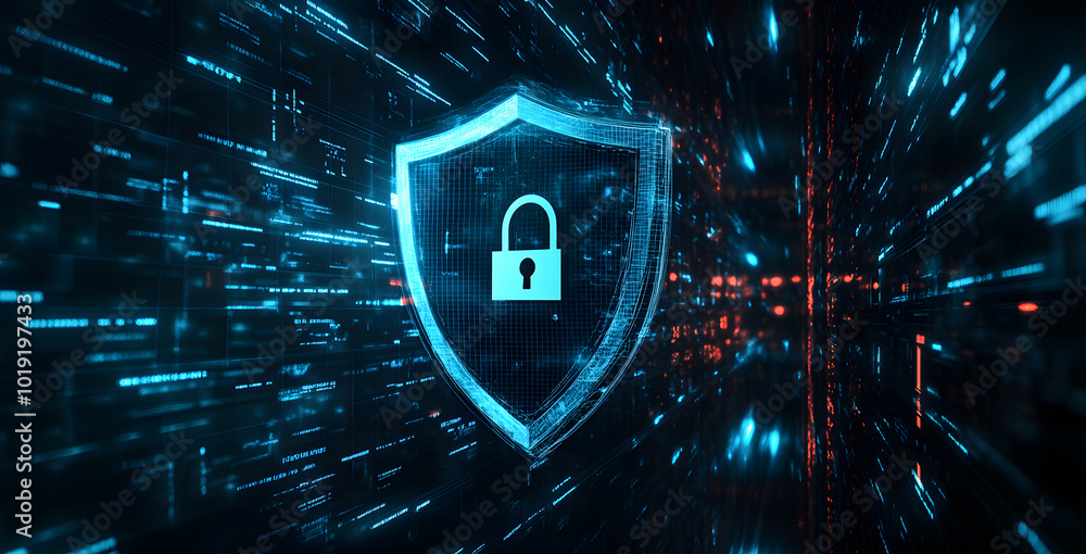 Poster safety protection and information privacy concept with a digital padlock in shield on abstract dark 